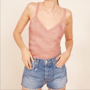Reformation Pink Lace Trim Linen Tank Top